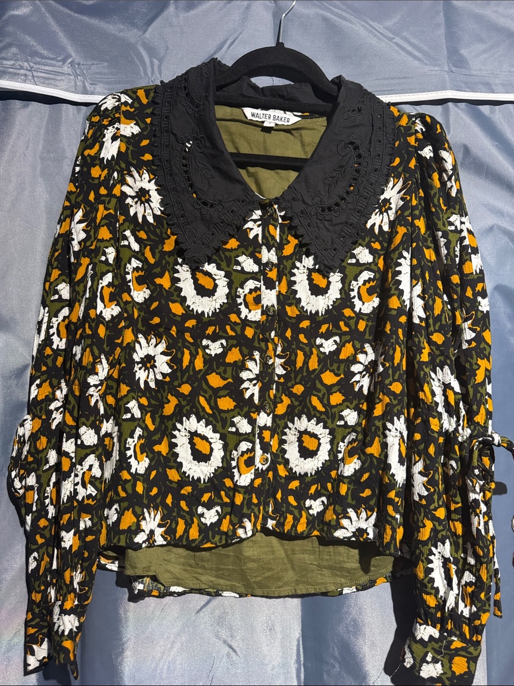 Walter Baker Black Floral Lace-Collar Blouse with Mustard & White Print